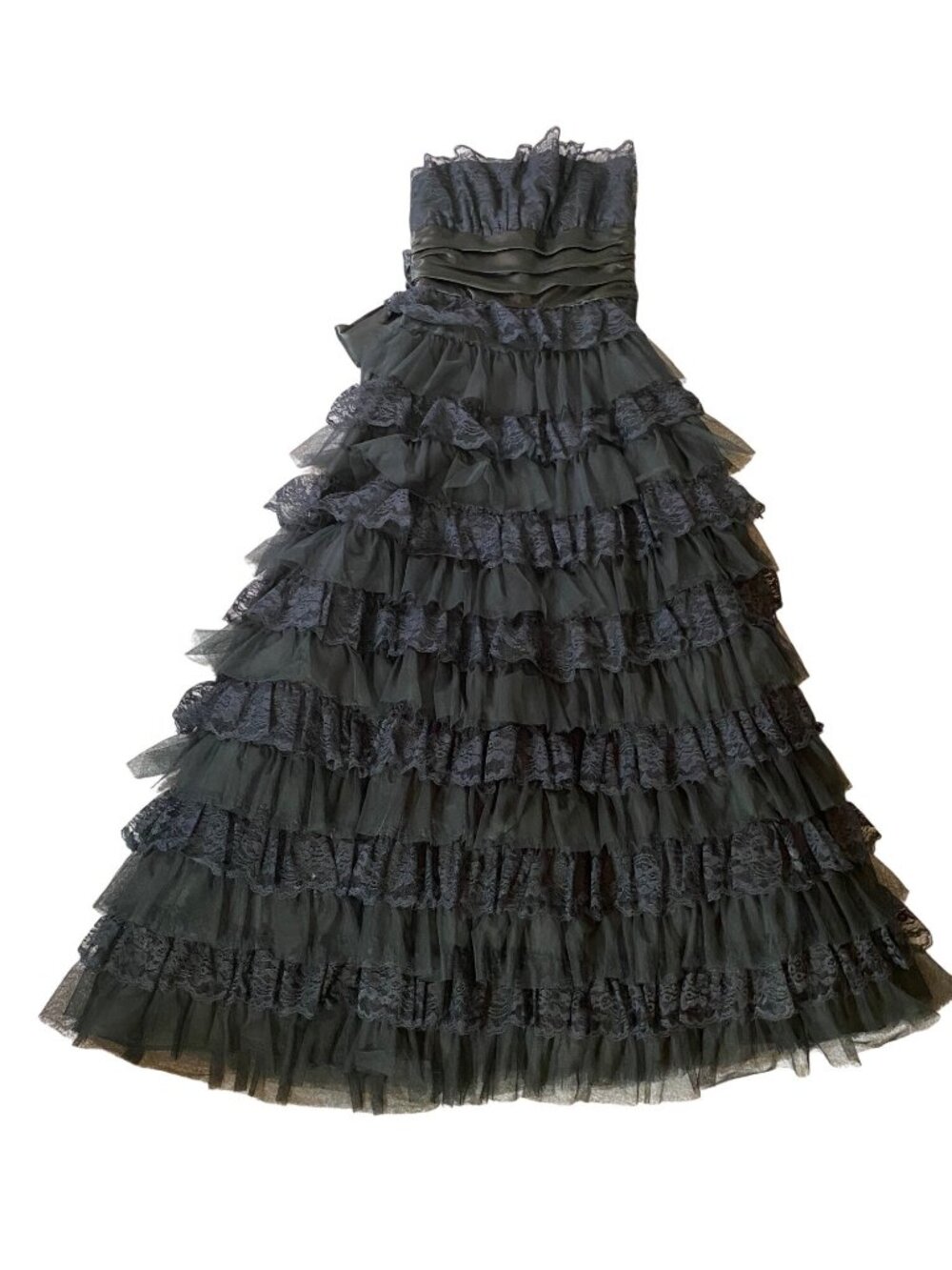Vintage Masquerade Black Strapless Layered Ruffle Lace Gown Formal Dress SZ 7/8